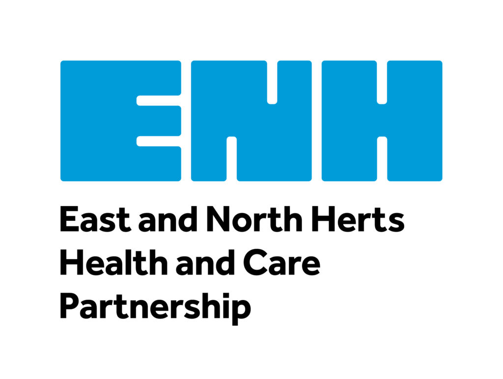 Logo for East and North Herts Health and Care Partnership. ENH is large and in light blue text. Below it in black it says "East and North Herts Health and Care Partnership.".