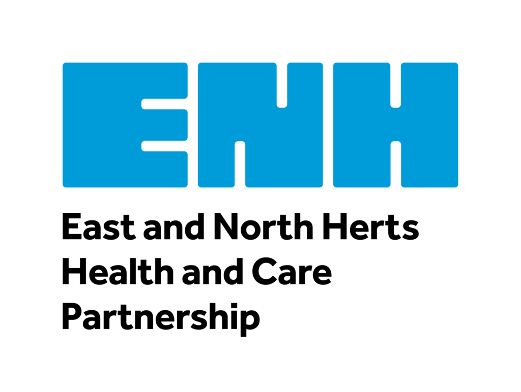 Logo for East and North Herts Health and Care Partnership. ENH is large and in light blue text. Below it in black it says "East and North Herts Health and Care Partnership.".