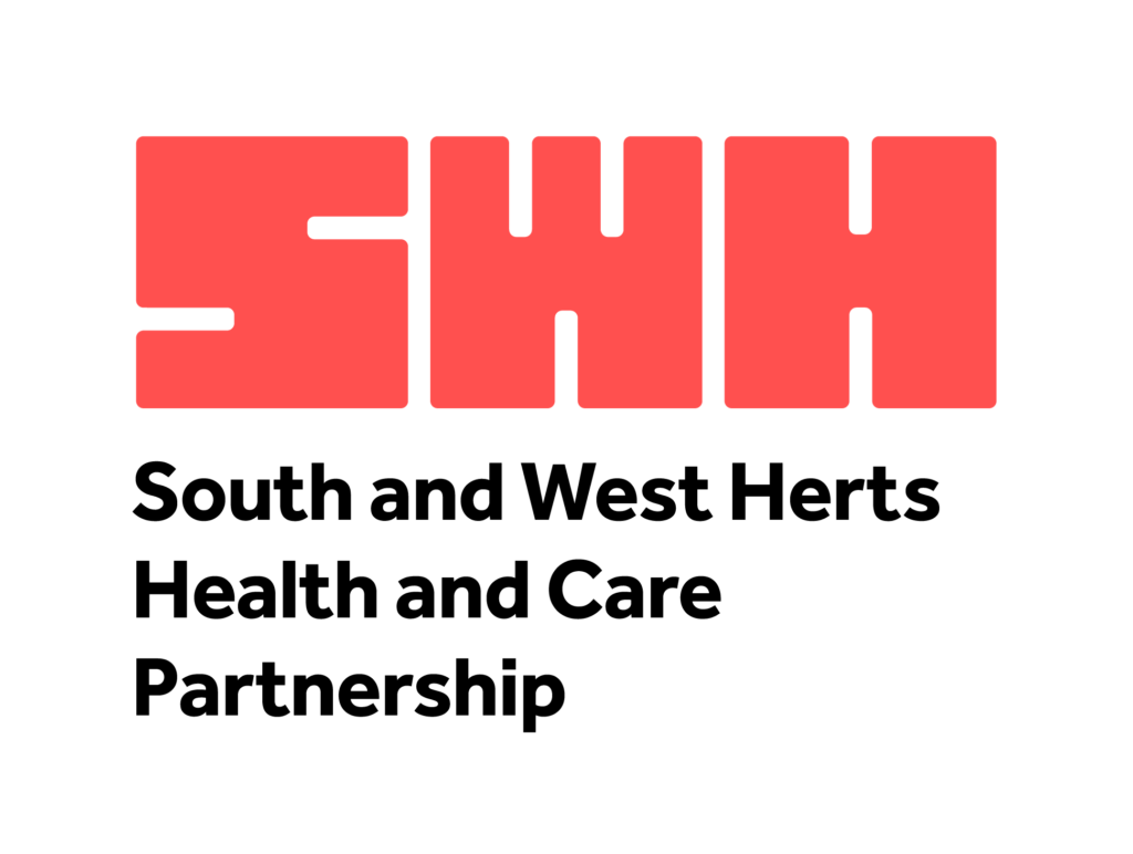 Logo for South and West Herts Health and Care Partnership. SWH is written large and bold in coral. Beneath this in black it says South and West Herts Health and Care Partnership.