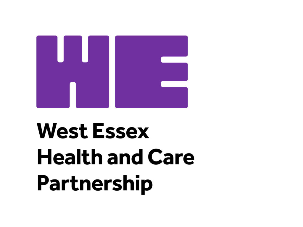 Logo for West Essex Health and Care Partnership. WE is written large and bold in purple. Beneath this in black it says Wessex Essex Health and Care Partnership.