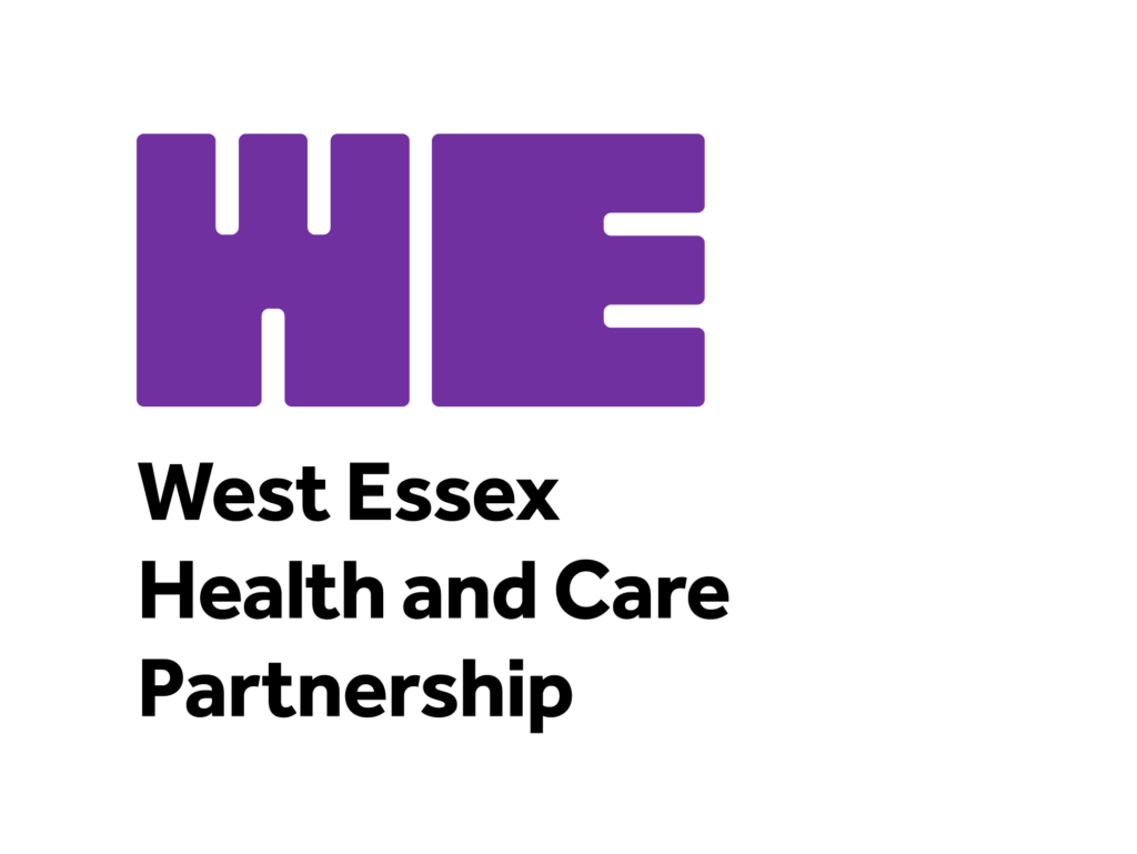 Logo for West Essex Health and Care Partnership. WE is written large and bold in purple. Beneath this in black it says Wessex Essex Health and Care Partnership.