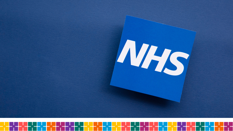 NHS logo on blue background and tiles at the bottom