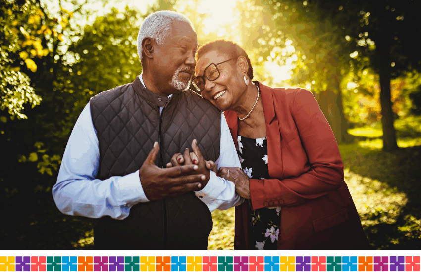Couple leaning their heads on each other as they walk along