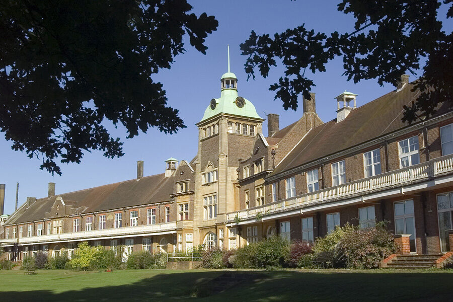 Exterior shot of an old building with the leaves of trees in the foreground.