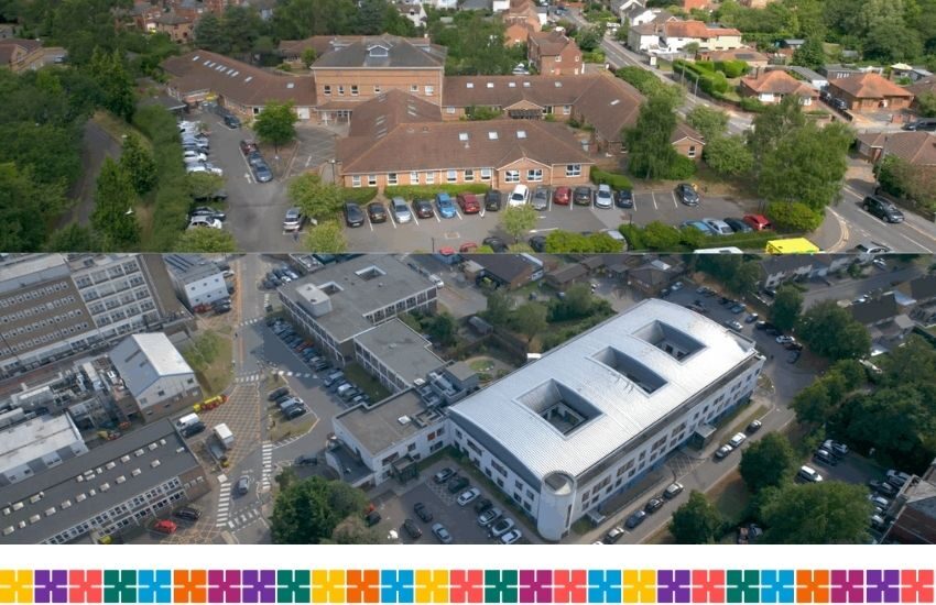 Overhead views of Princess Alexandra Hospital in Harlow and Colchester Hospital.