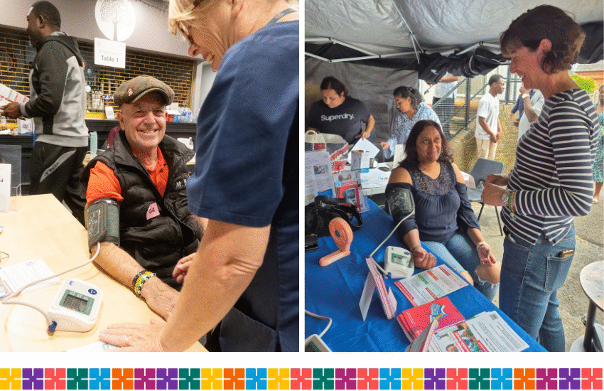 Two images of people smiling as they have their blood pressure checked at community events organised by Hertfordshire and West Essex ICB