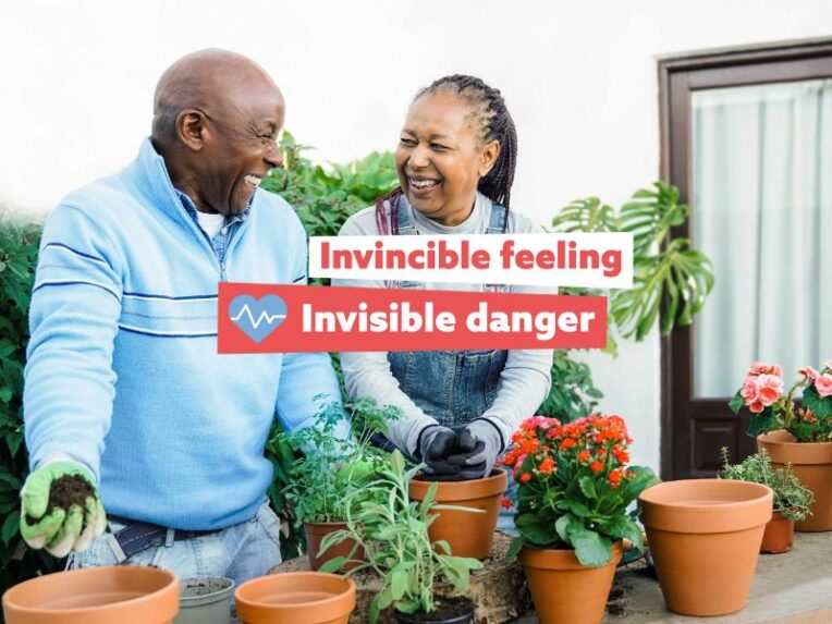 Man and woman doing gardening and smiling. Text says invincible feeling, invisible danger